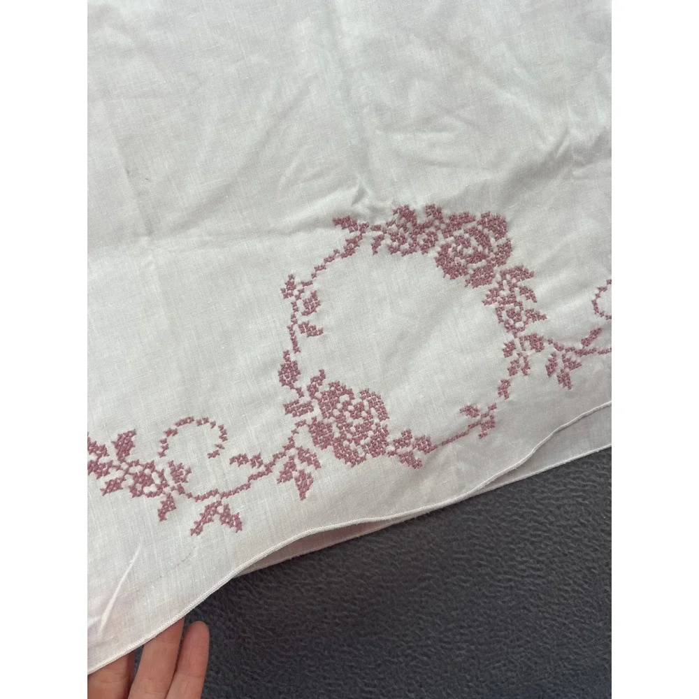 Vintage Hand Embroidered Cross Stitch Linen Pillowcase Set 2 Mauve Floral White